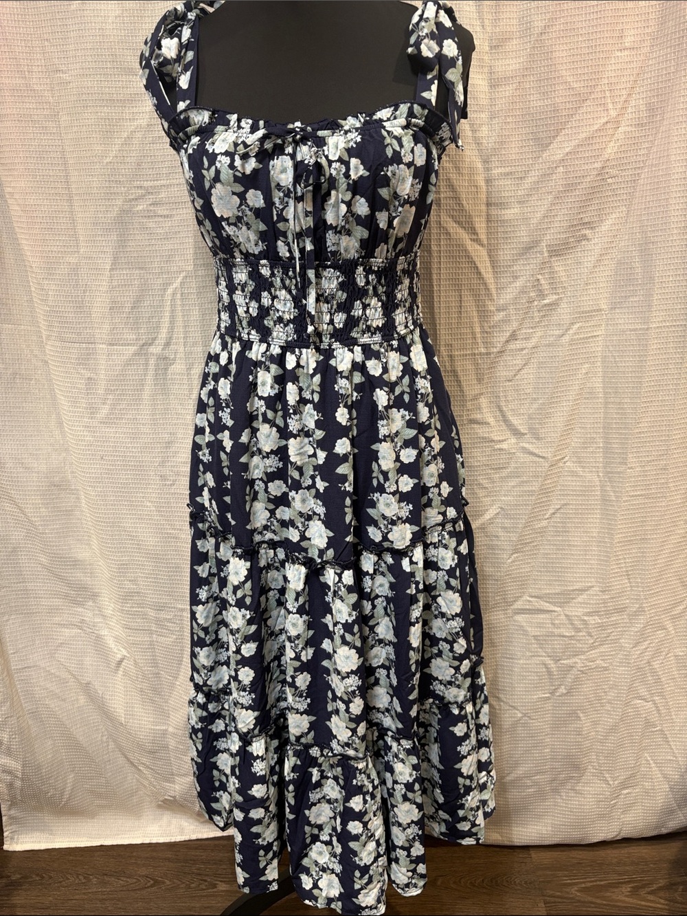 Navy Blue Floral Tiered Maxi Dress with Tie Straps